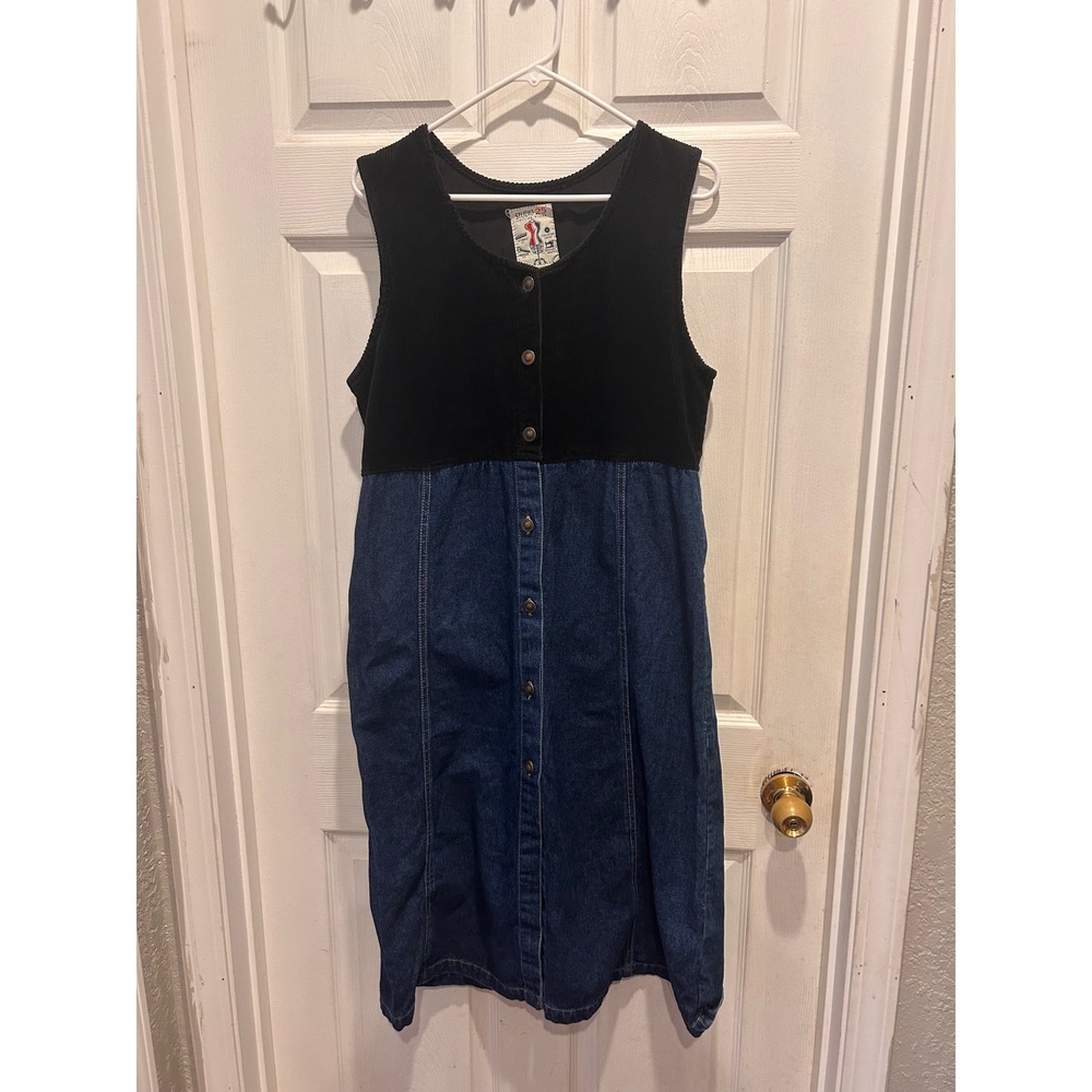 Studio 25 Vintage 90s Black Corduroy Blue Denim Button Down Midi Jumper Dress M
